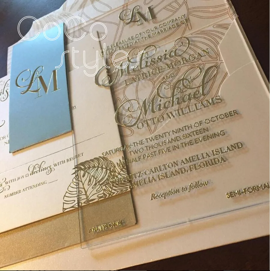  Cocostyles customized lucid clear acrylic invitation card with gold foiling printing for fashion we - 32891254098