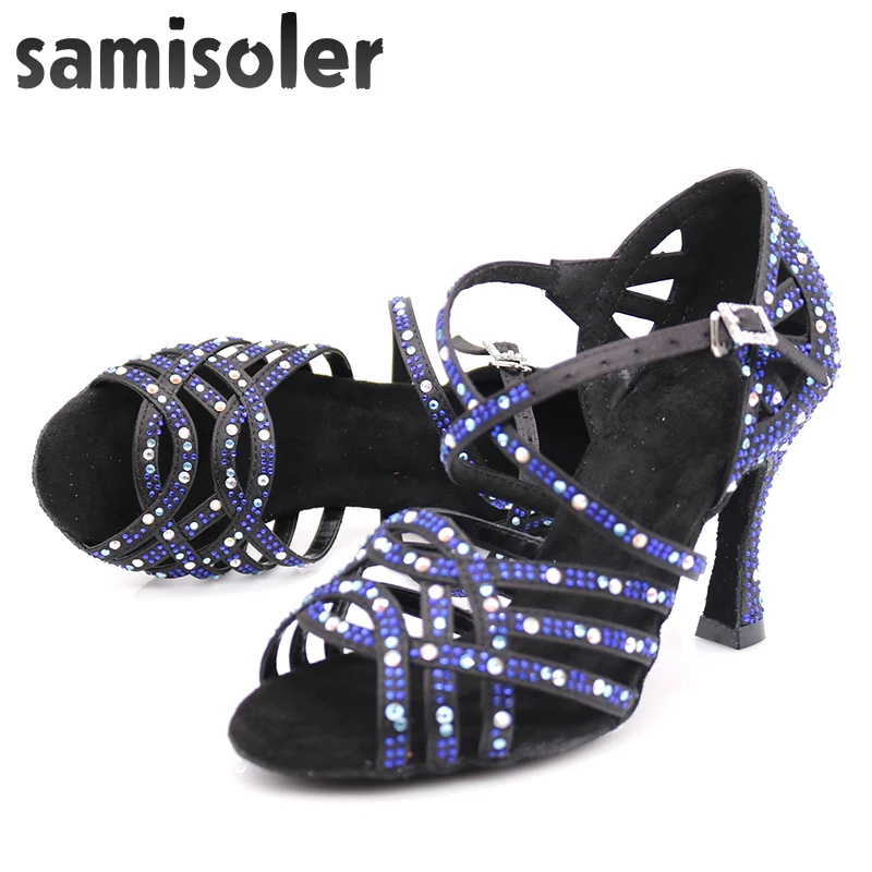 Samisoler/модельные туфли; женская обувь; zapatos de baile; обувь для латины; mujer; черный атлас; Темно-Синие стразы; женские туфли для сальсы; вечерние туфли для бальных танцев