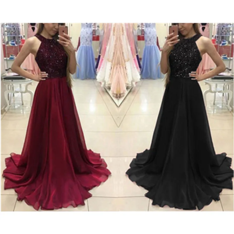 

Women Halter Formal Dress Strapless Formal Long Dress Club Party Ball Gown Sequined Yarn Long Maxi Dress 2019 for Bridesmaid