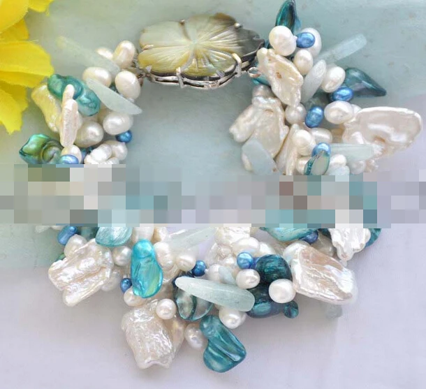 

433 4Strds white blue tail biwa keshi pearl bracelet 8inch