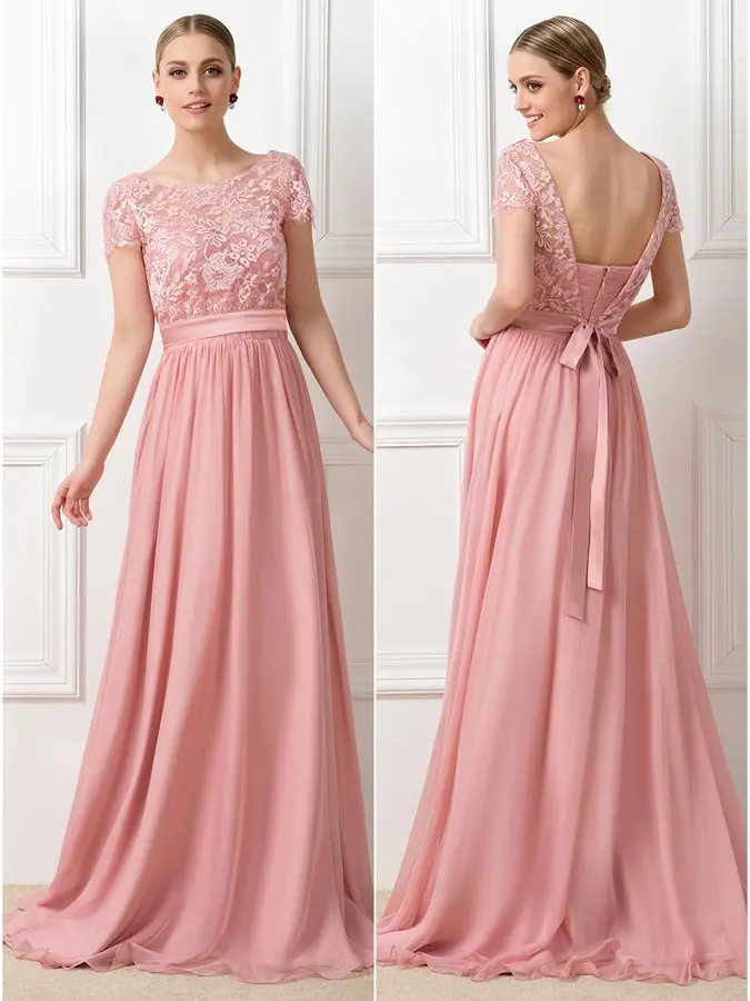 

Pink Lace Scoop Neck Short Sleeve Long Dress for Wedding Guest vestidos dama de honor Backless Bridesmaid Dress for Prom Party