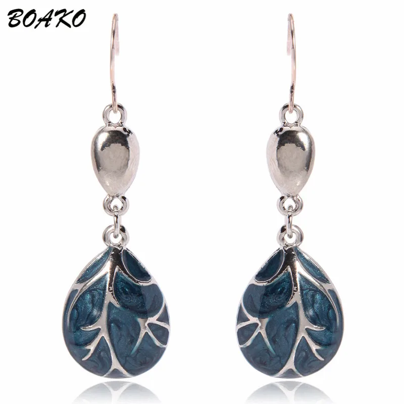 

BOAKO Navy Blue Natural Stone Earrings Geometric Long Drop Earrings For Women Jewelry Vintage Statement Bohemian Earrings