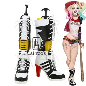 

Hot Anime Suicide Squad Harley Quinn Cosplay Halloween Party Shoes White and Black Fancy Boots Custom Made