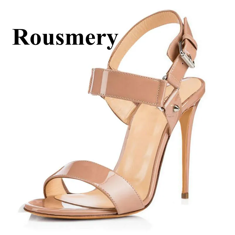 

Summer Simple Fashion Sexy Thin High Heel Buckle Strap Solid Patent Leather Ladies Shoes Four Color Women Sandals Normal Size