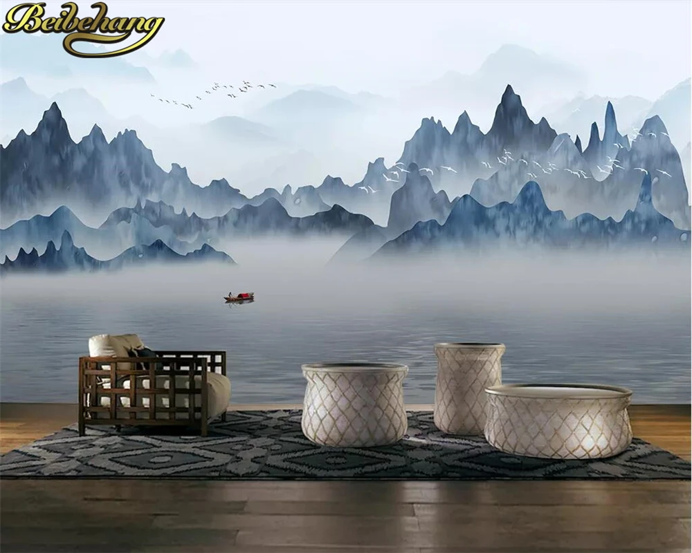 

Фотообои beibehang на заказ, настенные новые китайские абстрактные чернила, художественный пейзаж, настенный фон, украшение для спальни