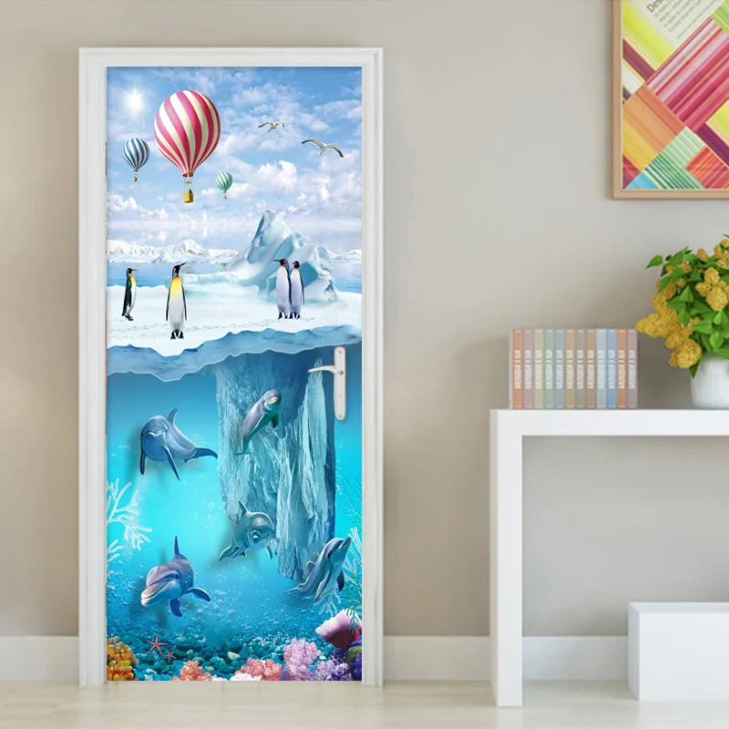 Door Sticker 3D Cartoon Iceberg Penguin Dolphins Wallpaper Kids Bedroom PVC Waterproof Door Decals Vinyl Mural Home Decor Paste