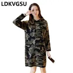 Средней длины Camo Knit платье 2018 осень-зима новые свободные большой Размеры с капюшоном камуфляж Женский вязаный Платья-свитеры Is1057