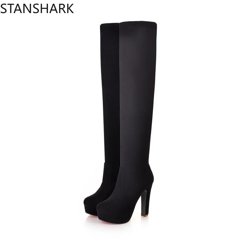 

New Women High Heels Slip On Over The Knee Sexy Long Boots Female Platform Ankle Patchwork Flock Two Ways Wear Plus Size 34-46