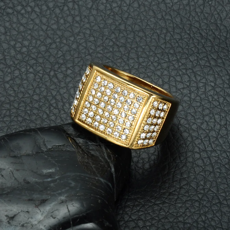 

HIP Hop Stainless Steel Full Micro Pave Rhinestone Iced Out Bling Square Ring Gold Color Rings for Men Women Jewelry