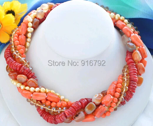 

free shipping >>>>>6row 18" red/pink coral agate yellow pearl citrine bead NECKLACE