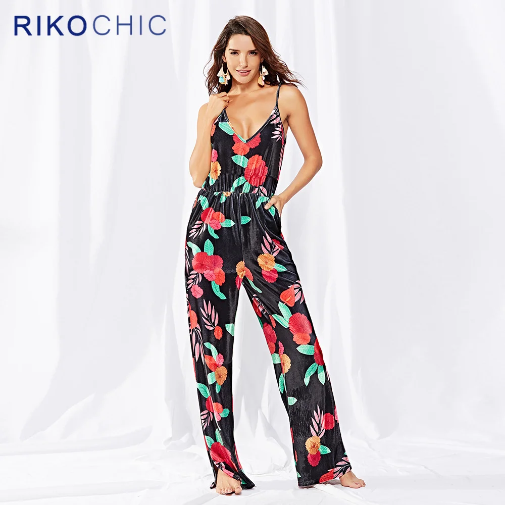 RIKOCHIC Sexy Spaghetti Strap Velvet black jumpsuit women red floral
