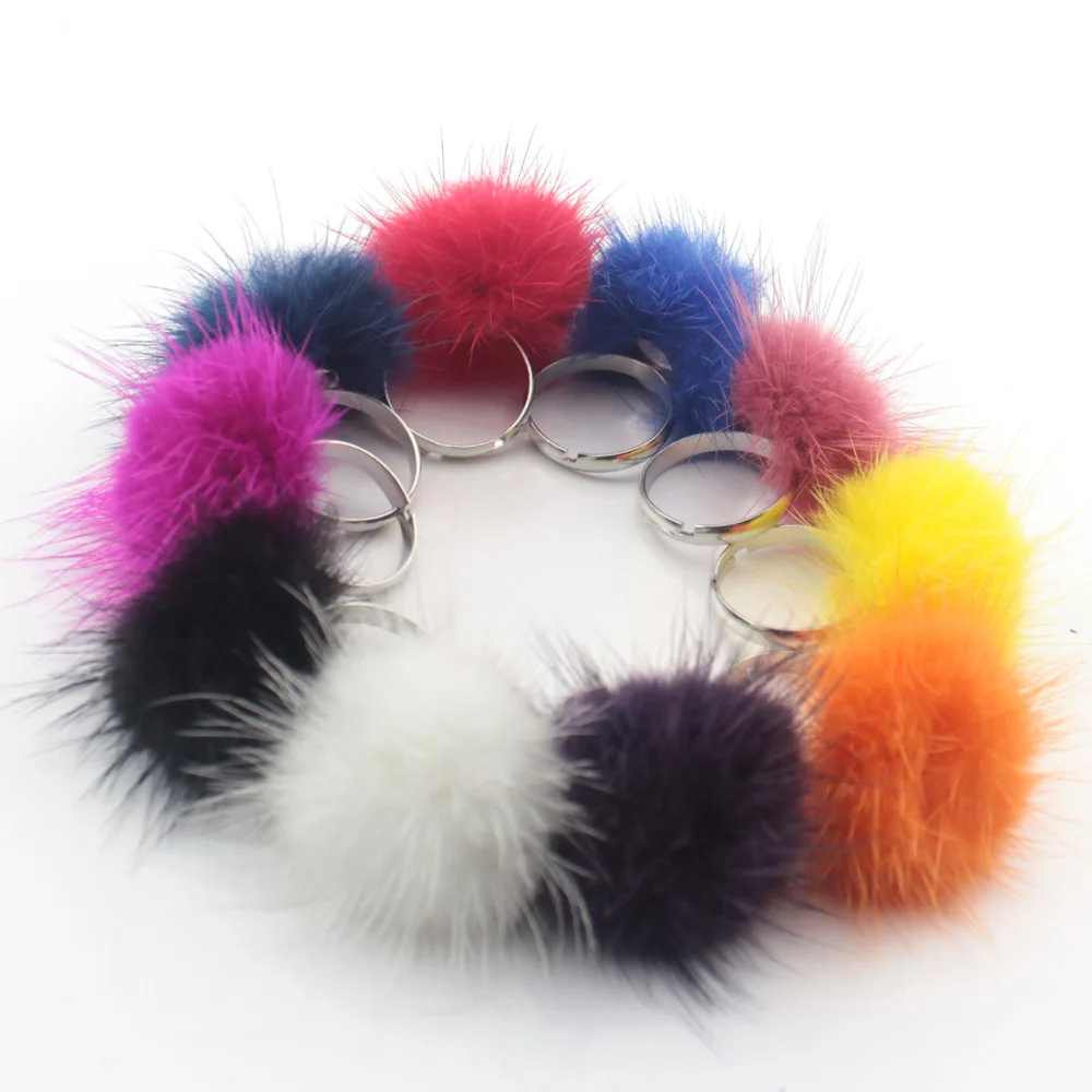 

TEVIDA 10pcs Soft Genuine Mink Fur Ball Fur Pompoms Resizable Silver Ring for Women and Girl wholesale