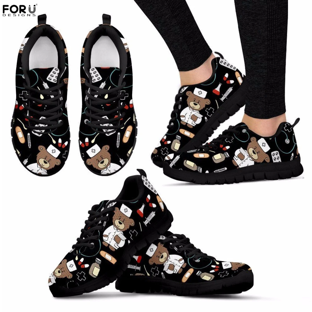 FORUDESIGNS/женские сетчатые кроссовки; черные дышащие туфли на плоской подошве с принтом медсестры и медведя; Повседневная Удобная прогулочная обувь