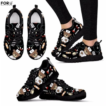 

FORUDESIGNS Women Mesh Sneakers Black Nurse Bear Printed Cartoon Breathable Flats for Ladies Casual Comfortable Walking Shoes