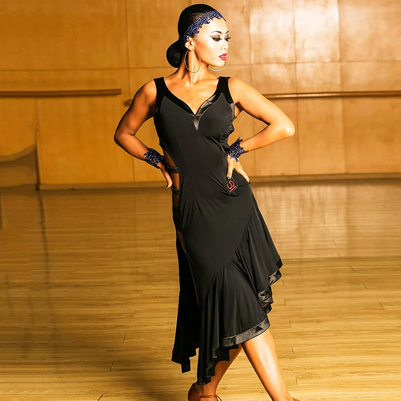 Сексуальное платье для латинских танцев, женское черное платье для бальных танцев, танго, ча-Самба, Румба, сальса, платья для соревнований, одежда для выступлений, Одежда для танцев DC1450