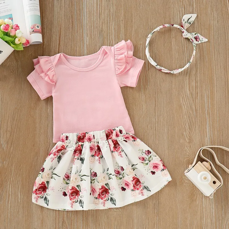 3pcs Summer Baby Girl Clothes Sets Cute Cotton Short Sleeve Romper Tops Floral Short Skirt With Headband Newborn Clothes