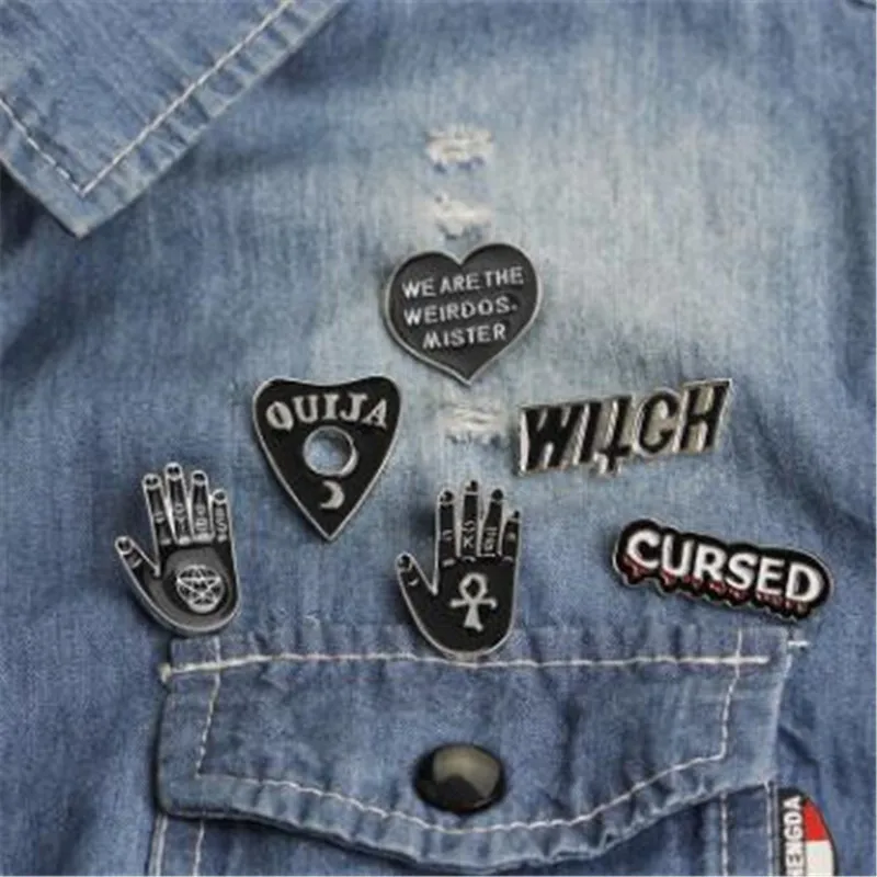 

WKOUD Dark enamel pins CURSED WITCH Palm YES NO OUIJA Heart Brooch Denim Jeans Pin Buckle Shirt Badge Fashion Gift for Friend