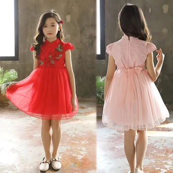 

Girls Embroidery Red Dress for Kids 3-12year Vintage Summer Casual Dress Princess Mesh Dresses Festival Graduation Party Dress