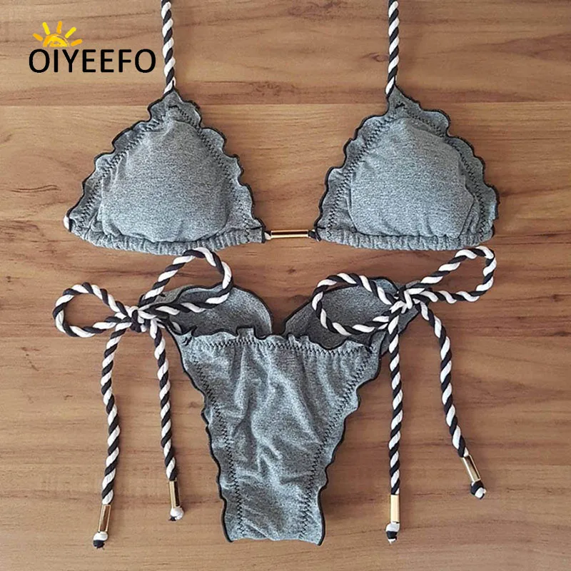 Oiyeefo Sexy Полосатый Холтер бикини бразильский biquini комплект однотонная серая купальный Костюмы Для женщин, Купальник 2018 Купальники для