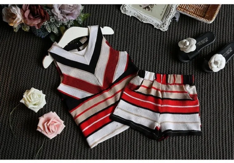 Sleeveless Girls Clothing Sets Casual Chiffon Striped Shirt Tops Shorts 2-piece Kids Clothes 2019 Summer Children Outfits Suit (5)