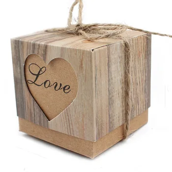 

50pcs Candy Box Wedding Hearts in Love Rustic Kraft Imitation Bark with Burlap Twine Chic Vintage Wedding Favor Gift Boxes