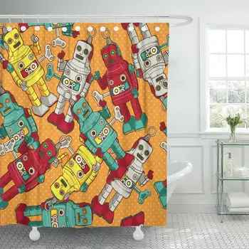 

Shower Curtain with Hooks Silver Alien Vintage Retro Colorful Robot Doodle Pop 1970S Antenna Cartoon Collectibles