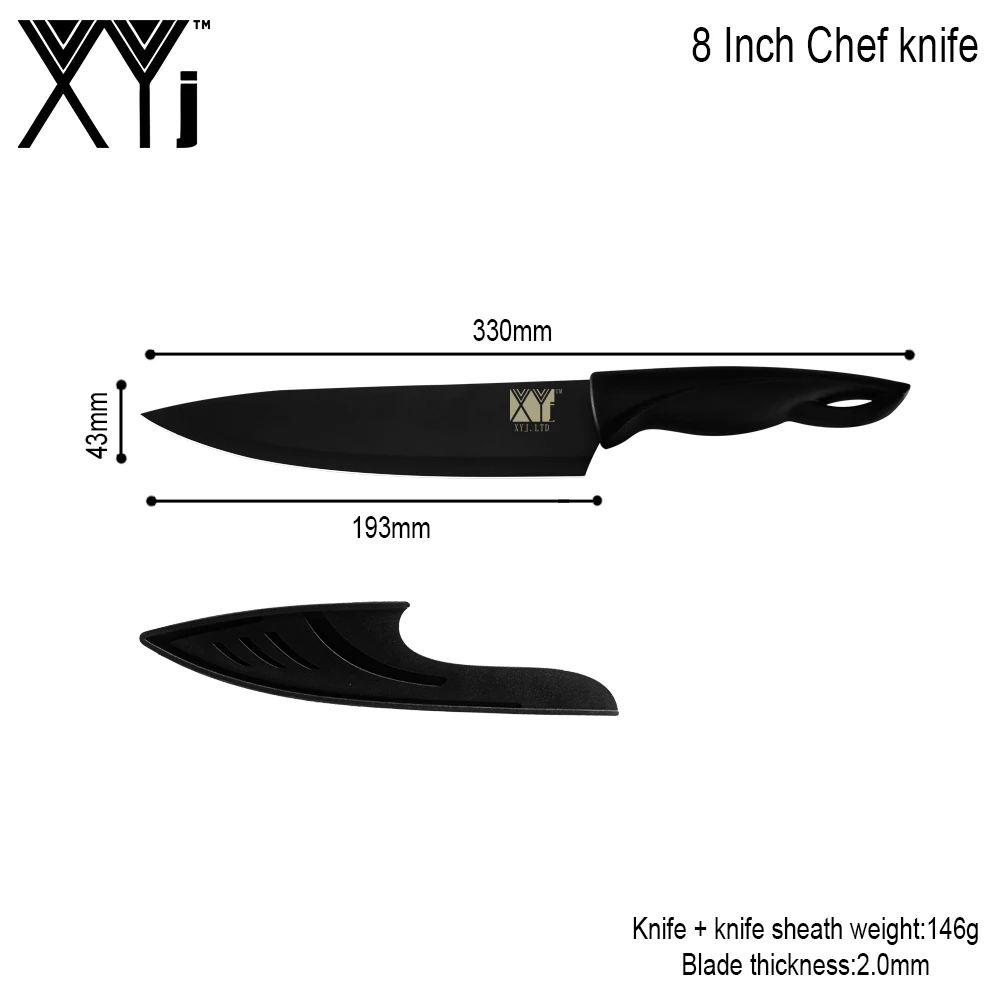 XYj кухонный нож с крышкой ножи из нержавеющей стали японский шеф-повар Santoku Кливер нож для мяса черное лезвие для приготовления пищи резак - Цвет: 8 Inch Chef