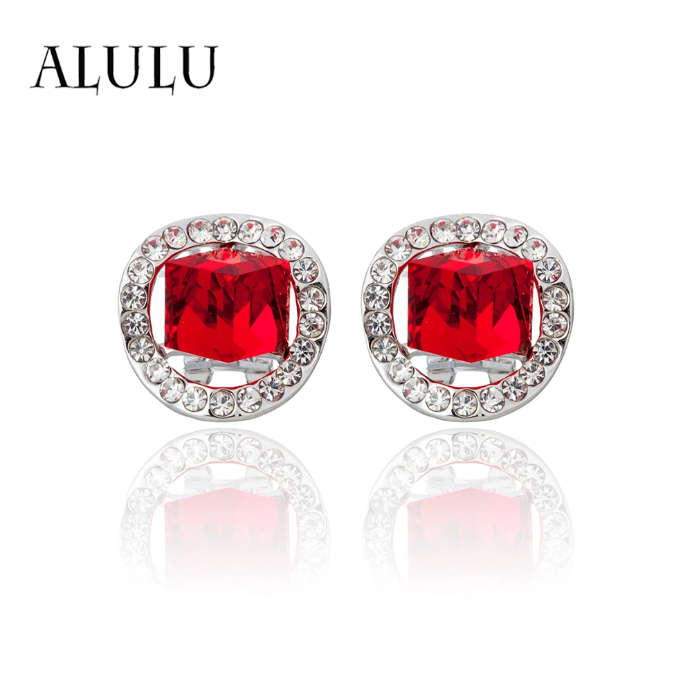

ALULU Fashion Three-dimensional red crystal Female Ear Clip Rhinestone Earrings Silver Plated Earrings Jewelry for Women Brincos