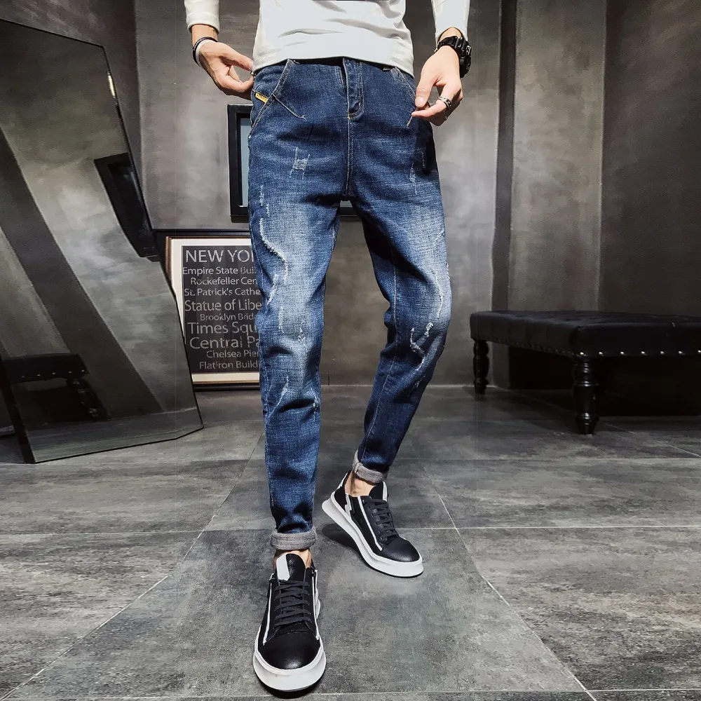 Ripped Jeans Men Spring Autumn Black Blue Hiphop Slim Fit Denim Men Skinny Jeans Pants Cowboys Elasticity Solid Pencil Men Jeans