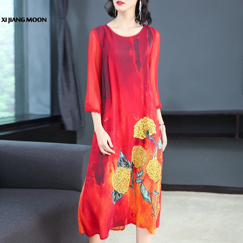 

2019 New Summer Women Dress Silk Print Three Quarter Fashion Holiday Soft And Comfortable Beach Dress R480