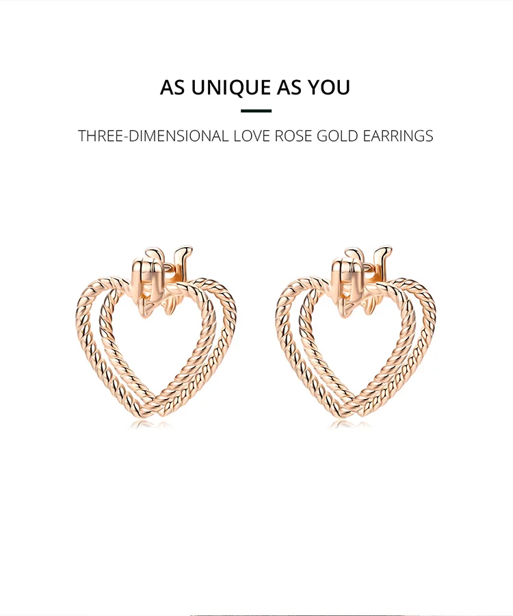 Bamoer минималистичные серьги Двойные сердца для женщин 925 пробы серебро розовое золото цвет корейский 925 пробы серебряные ювелирные изделия SCE696