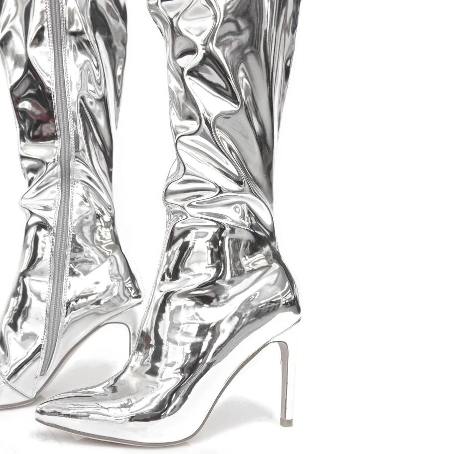 Arden Furtado/ г. Новые сапоги выше колена модные сапоги на шпильках золотистого и серебристого цвета пикантная обувь с острым носком на высоком каблуке, большие размеры