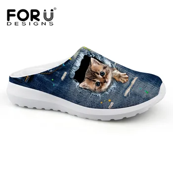 

FORUDESIGNS Vintage Denim Animal Printed Men Summer Sandals Breathable Mesh Beach Water Slippers Male Pet Cat Casual Flats Shoes