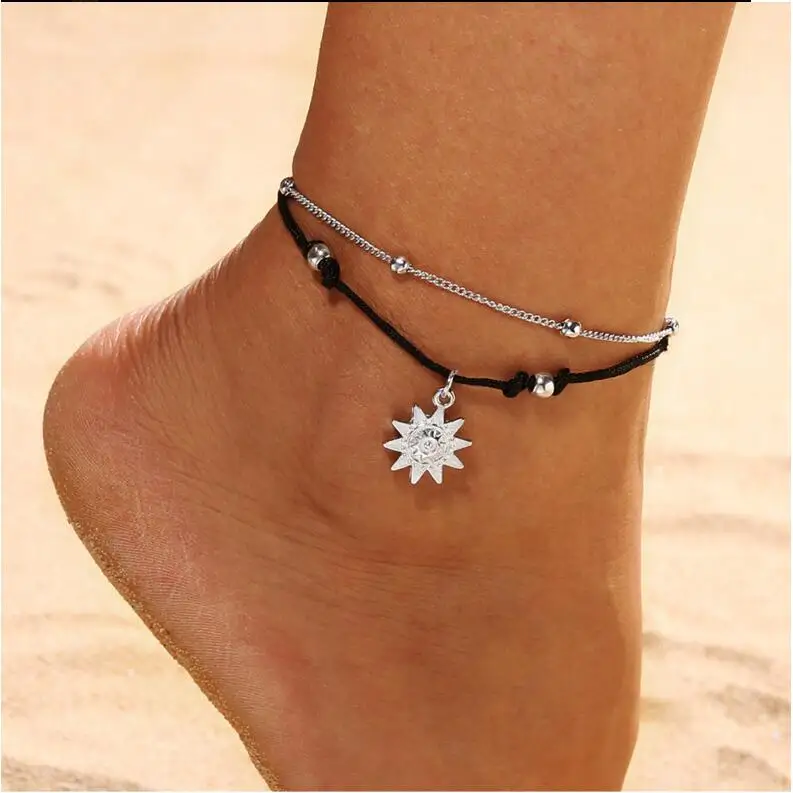 Vintage Boho Multi Layer Beads Anklets For Women Fashion Sun Pendent