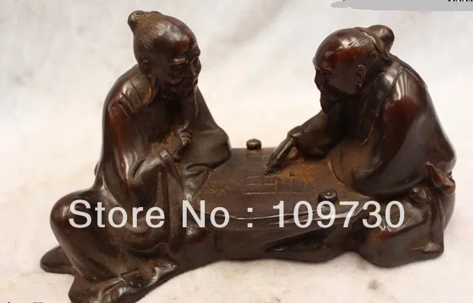 

00984 5"China Purple Bronze carved eximous Two geezer play chess Statue