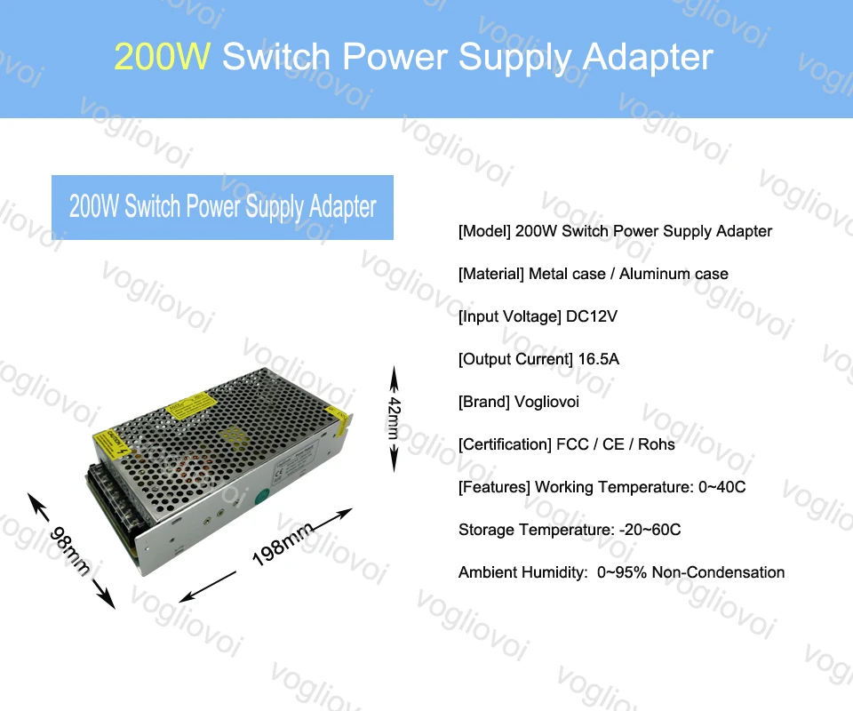 Vogliovoi светодиодный трансформатор 150 Вт 200 W 250 W 360 W 400 W 500 W DC12V Алюминий серебристый светодиодный драйвер Мощность адаптер для 3528 5050 5730 светодиодный