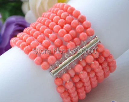 

Miss0026 Real 8row 8" 6MM round pink coral bead bracelet magnet