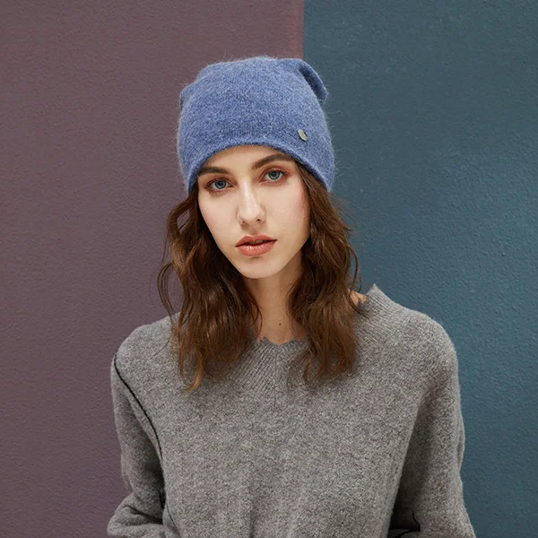 Female Beanies Rabbit Hair Winter Hats For Women Casual Autumn Knitted Beanie Girls New Fashion High Quality Soft Wool Hat - Color: Blue
