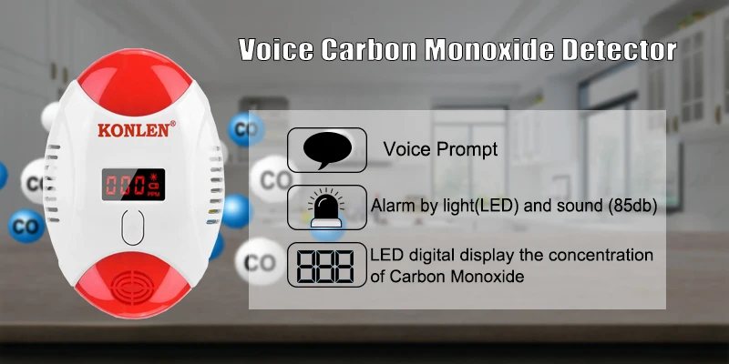 KONLEN светодиодный голосовой подсказки детектор газа угарного газа CO ядовитая Сигнализация цифровой датчик звуковая вспышка Предупреждение для домашней безопасности