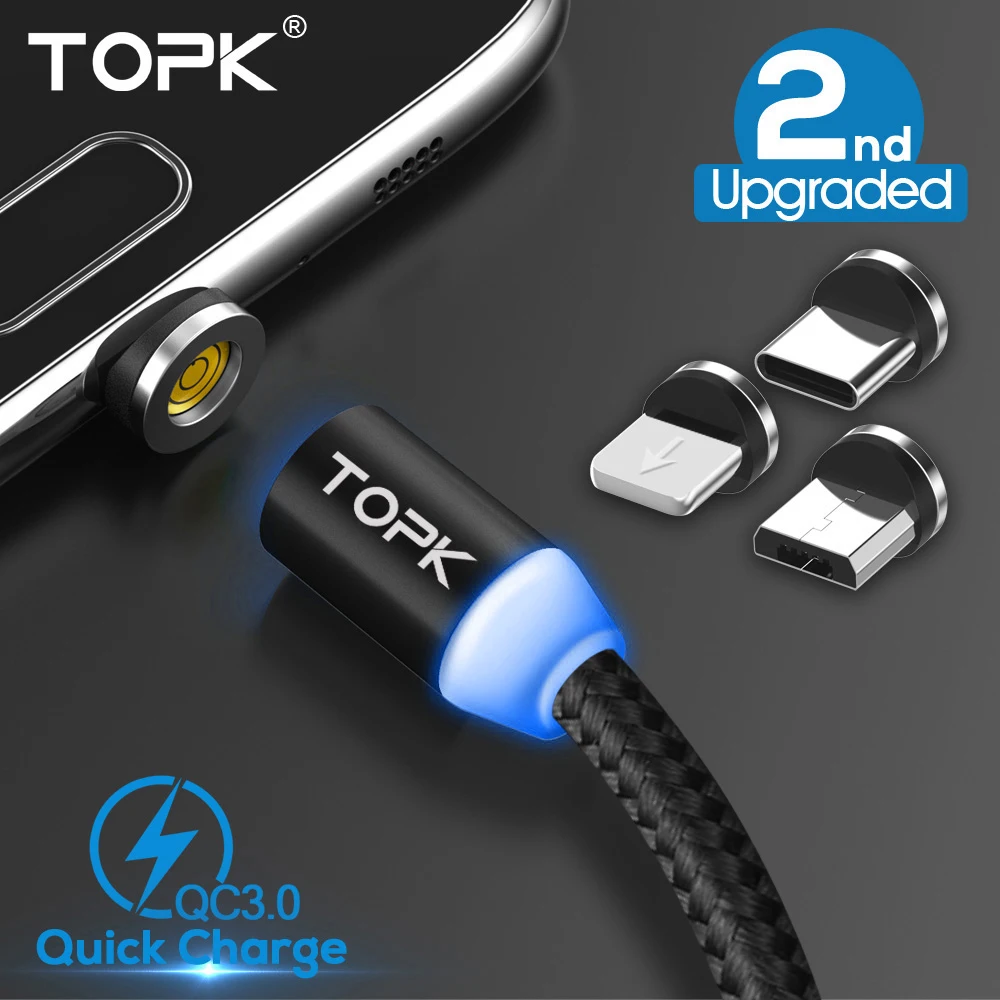 TOPK 1 M ترقية 3A سريعة تهمة الهاتف USB مغناطيسي صغير كابل و 8 دبوس و USB نوع C كابل ل فون سامسونج هواوي Xiaomi