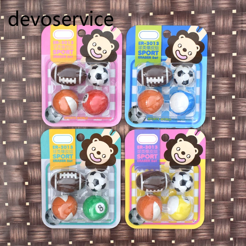 

Free Shiiping 4PCS/Set Rugby Football Basketball Bowling Ball 3d Cute Cartoon Toy Eraser Student Stationery Set