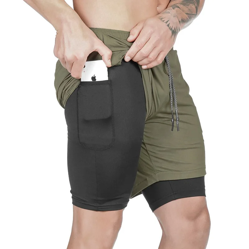 Quick Drying Running Shorts Men's 2 in 1 Security Pocket Shorts Men Leisure Shorts Hips Hiden Zipper Pockets Built-in Pockets
