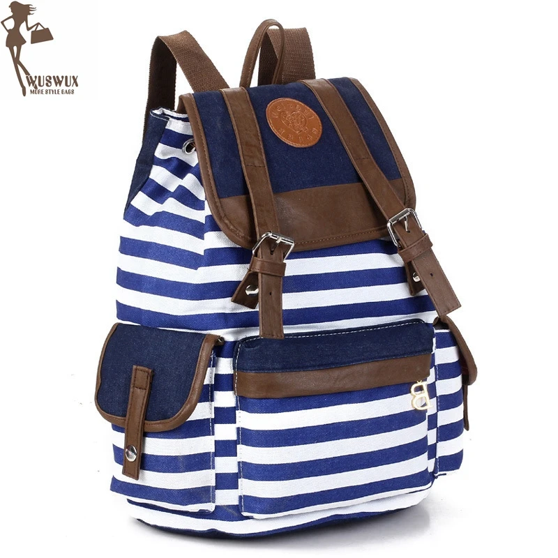 women backpack new fashion stripe canvas backpacks preppy style Large