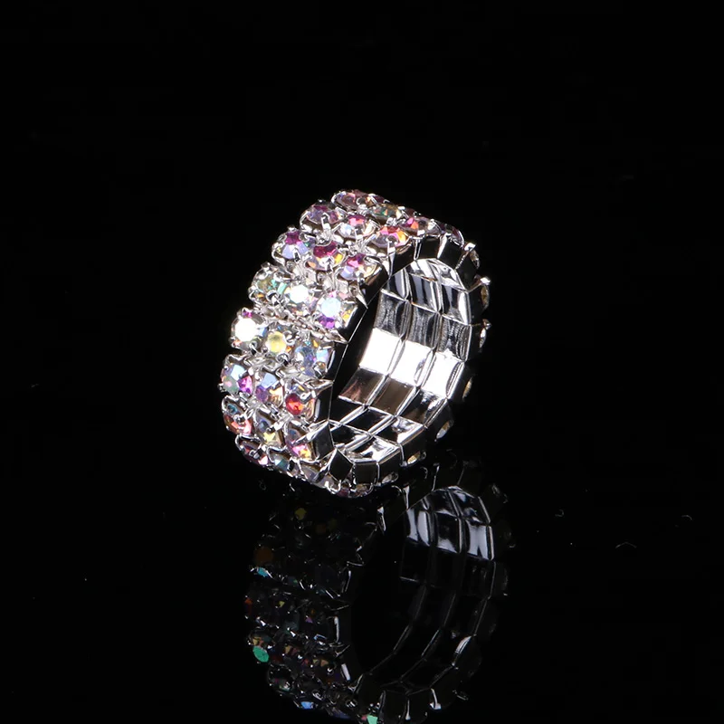 TDQUEEN 1-5 Rows AB Crystal Stone Rings Silver Plated Bridal Wedding Rhinestone Elastic Stretch Rings for Women (5)