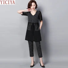 Plus Size Large 3xl 4xl 5xl Striped 2020 Summer Two Piece Outfits Tracksuits for Women Co-ord Set Sportswear Pants Suits and Top