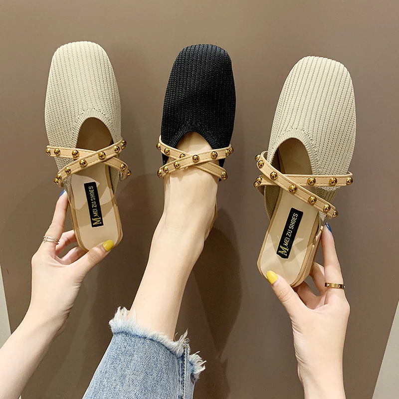 

Summer Women Slippers Close Toe Rivet Decor Shoes Women 3.5CM Heels Shoes Women 2019 New Fashion Party Wedding Slides Female