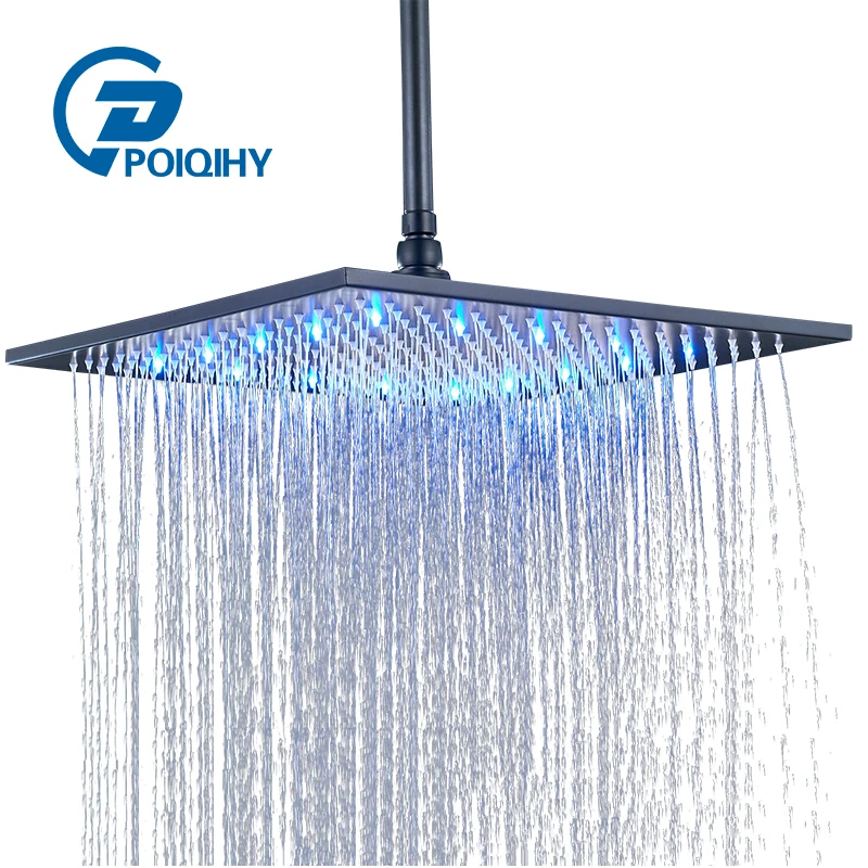 

POIQIHY Stainless Steel Square Color Changing Lights Showerhead ORB LED 16" Rainfall Shower Head