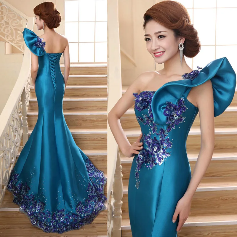 Robe de soiree elegant Blue one shoulder princess mermaid evening dress lace formal vestido de festa prom dresses party dresses