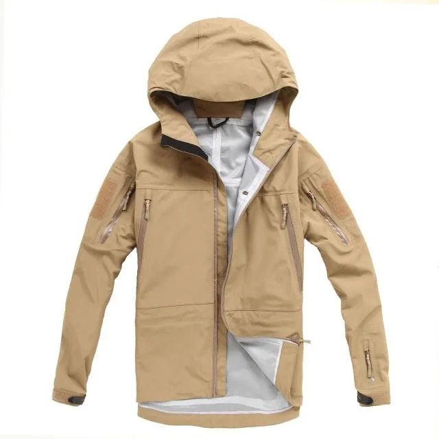 Мужская армейская тактическая Водонепроницаемая твердая оболочка военная куртка дышащая тактическая куртка с капюшоном тонкая ветровка пальто - Цвет: Sand