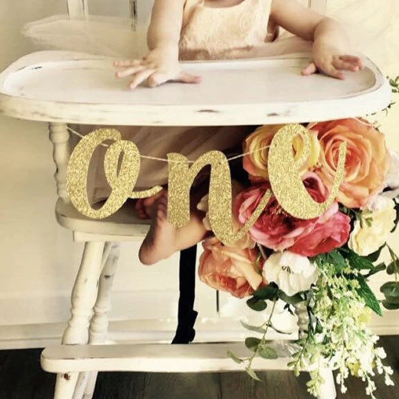 Gold Glitter ONE Banner for Prince Princess Baby boy girl 1st first Birthday Party High kids Chair Car Decor Supplies photo prop Gold Glitter ONE Banner for Prince Princess Baby boy girl 1st first Birthday Party High kids Chair Car Decor Supplies photo prop